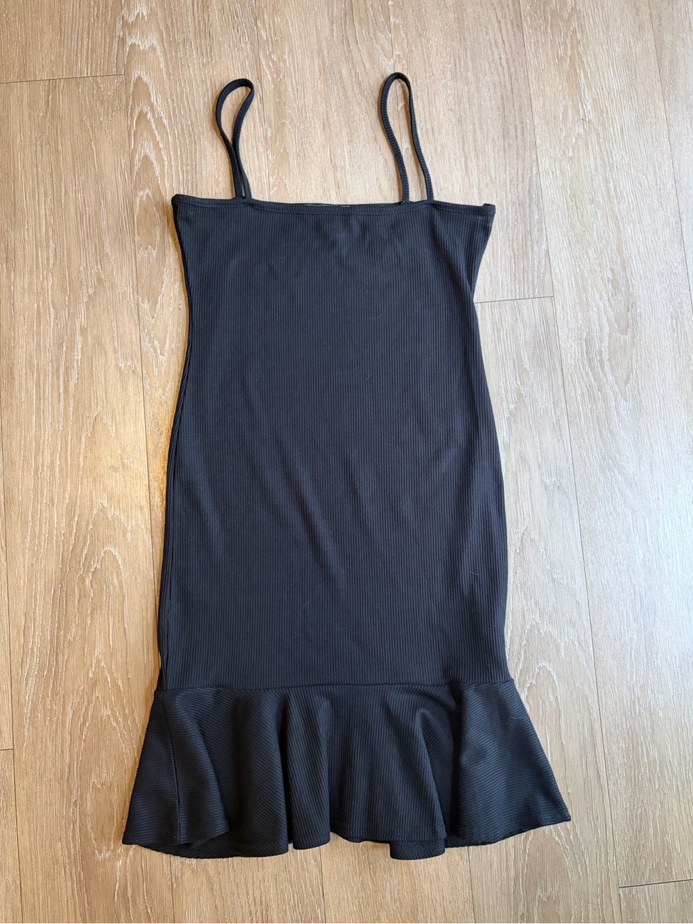 Nasty Gal Black Ribbed Spaghetti-Strap Ruffle-Hem Mini Dress